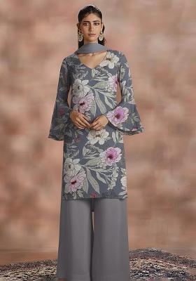 Dusty Blue Floral Print Crepe Kurta Set