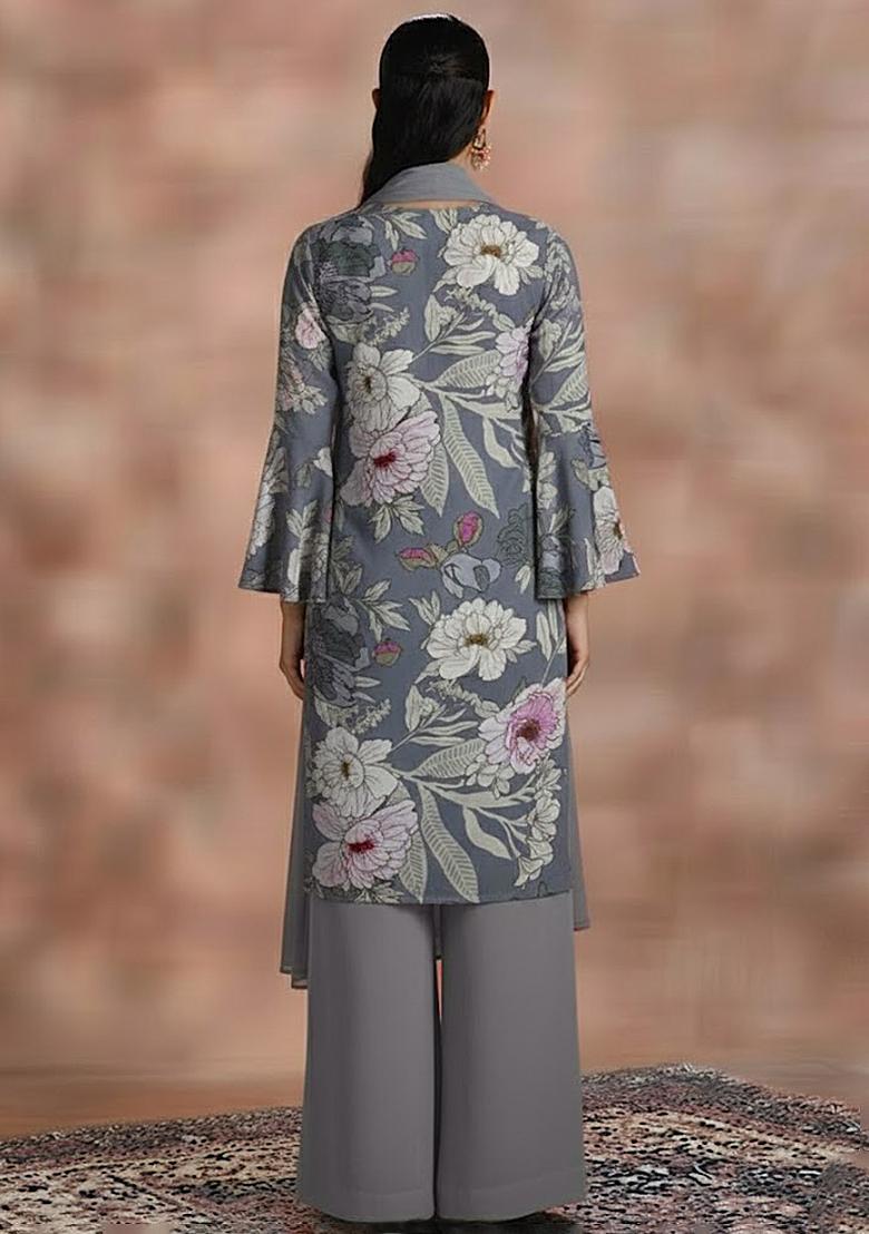Dusty Blue Floral Print Crepe Kurta Set - Indya