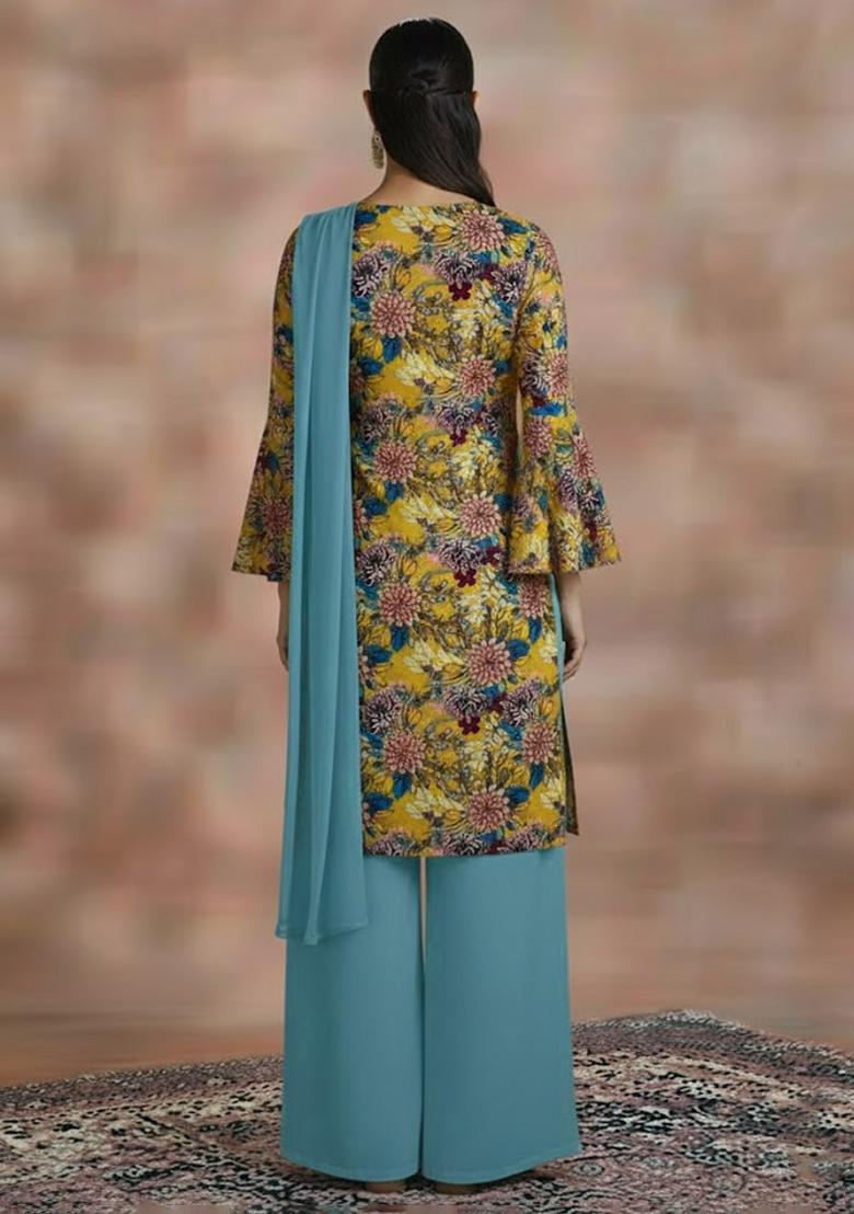 Blue Floral Print Crepe Kurta Set - Indya