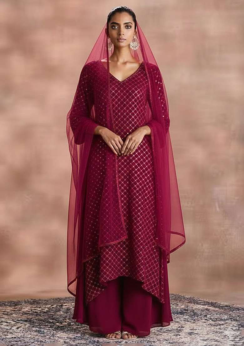 Berry Wine Sequin Work Velvet Straight Kurta Set - Indya