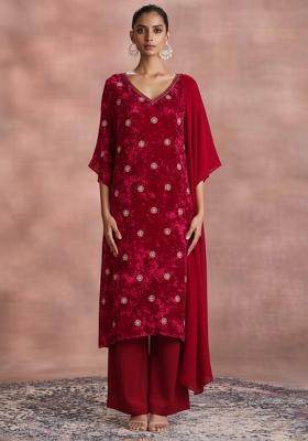Red Embroidered Velvet Kurta Set