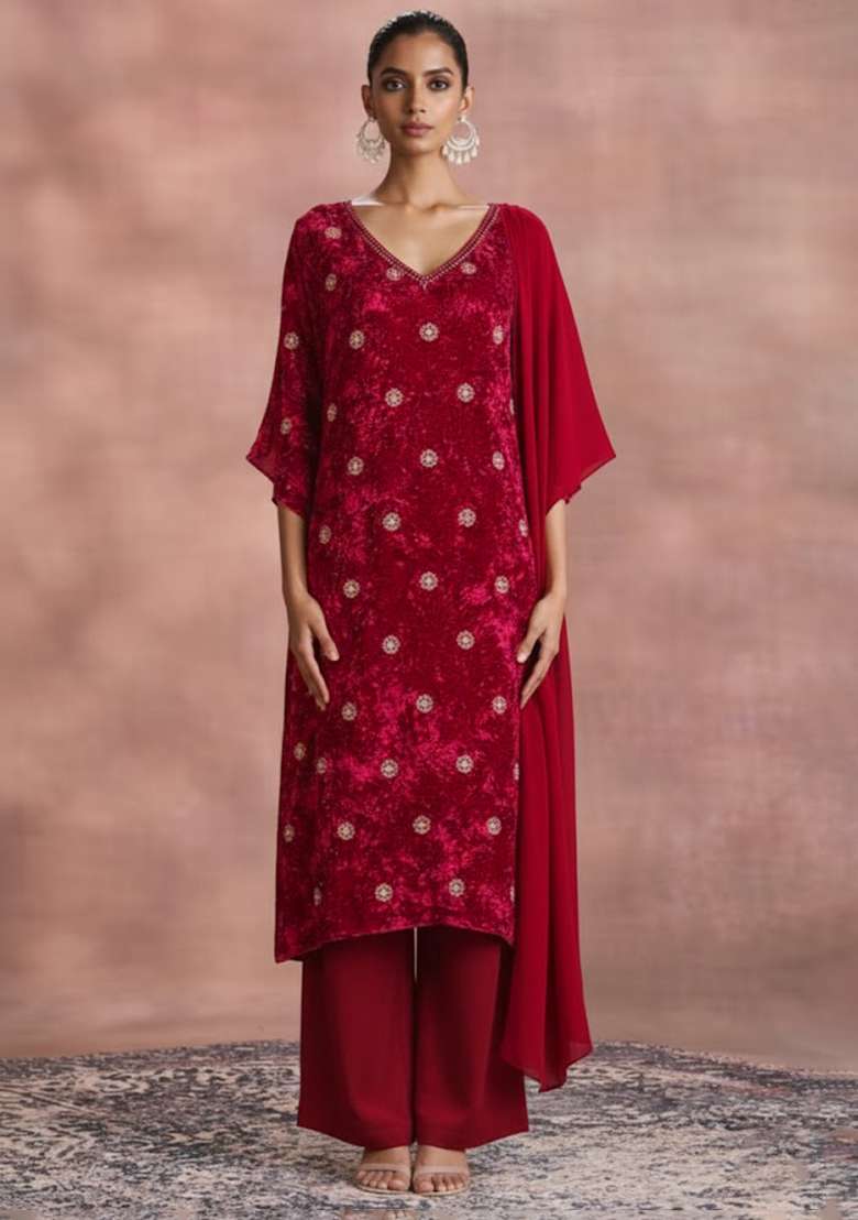 Red Embroidered Velvet Straight Kurta Set - Indya