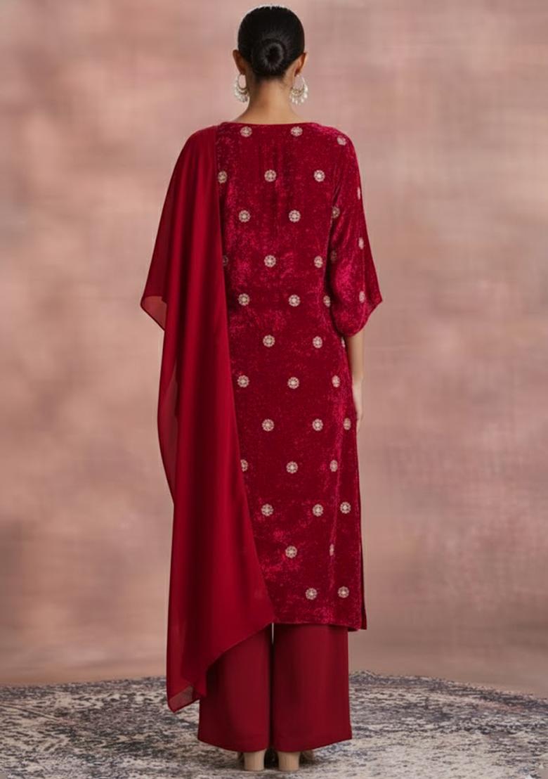 Red Embroidered Velvet Kurta Set - Indya