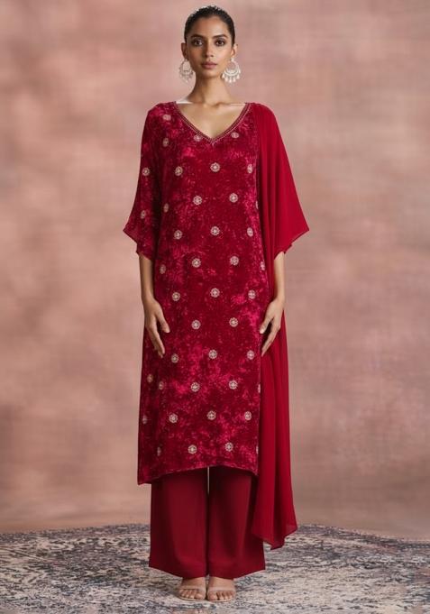 Red Embroidered Velvet Straight Kurta Set