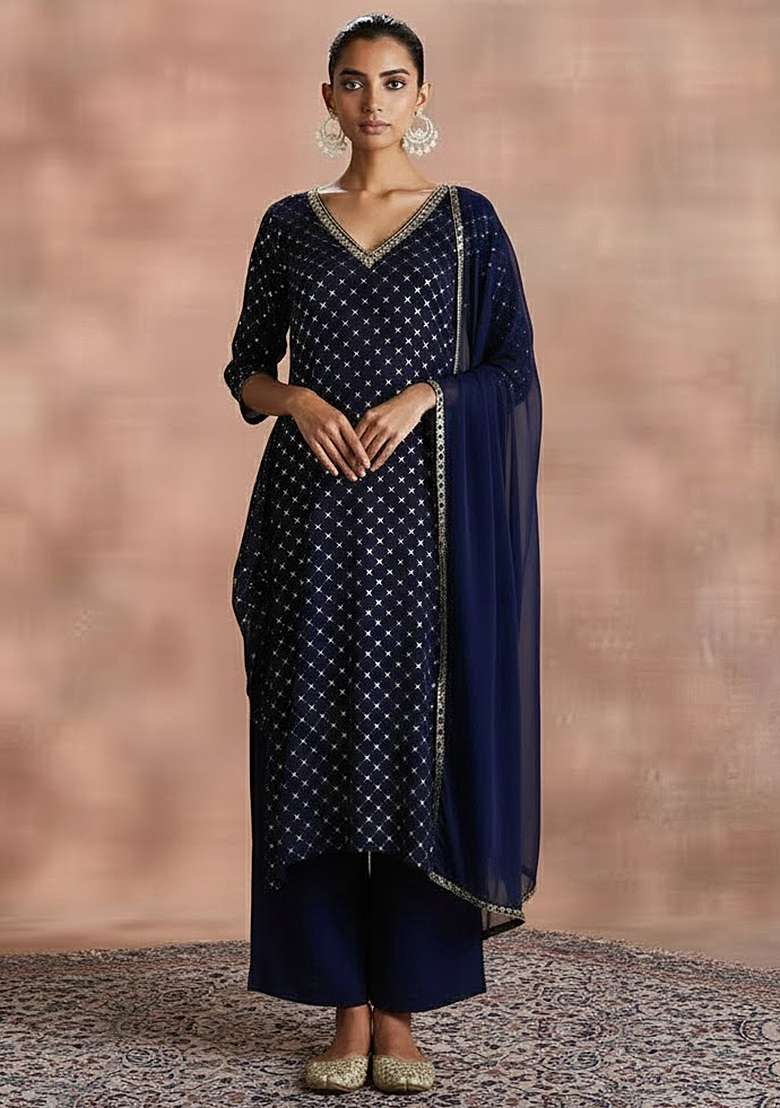 Navy Blue Sequin Work Velvet Straight Kurta Set - Indya