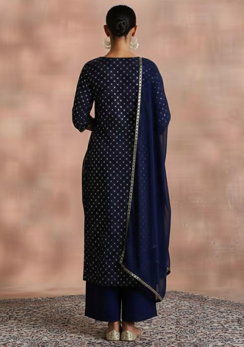 Navy Blue Embroidered Velvet Kurta Set - Indya