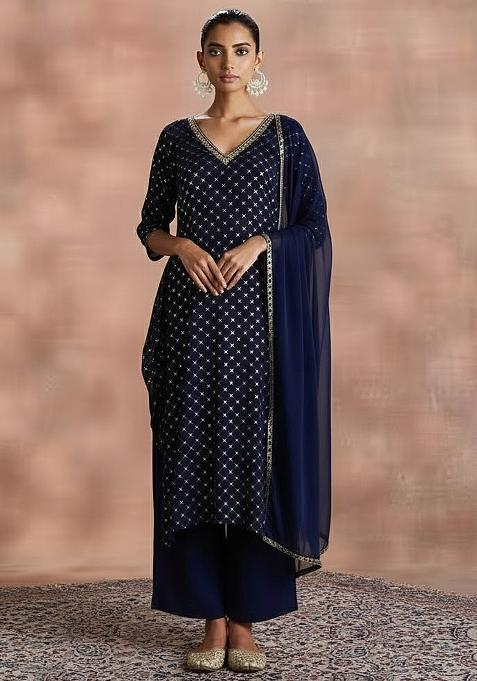 Navy Blue Embroidered Velvet Kurta Set