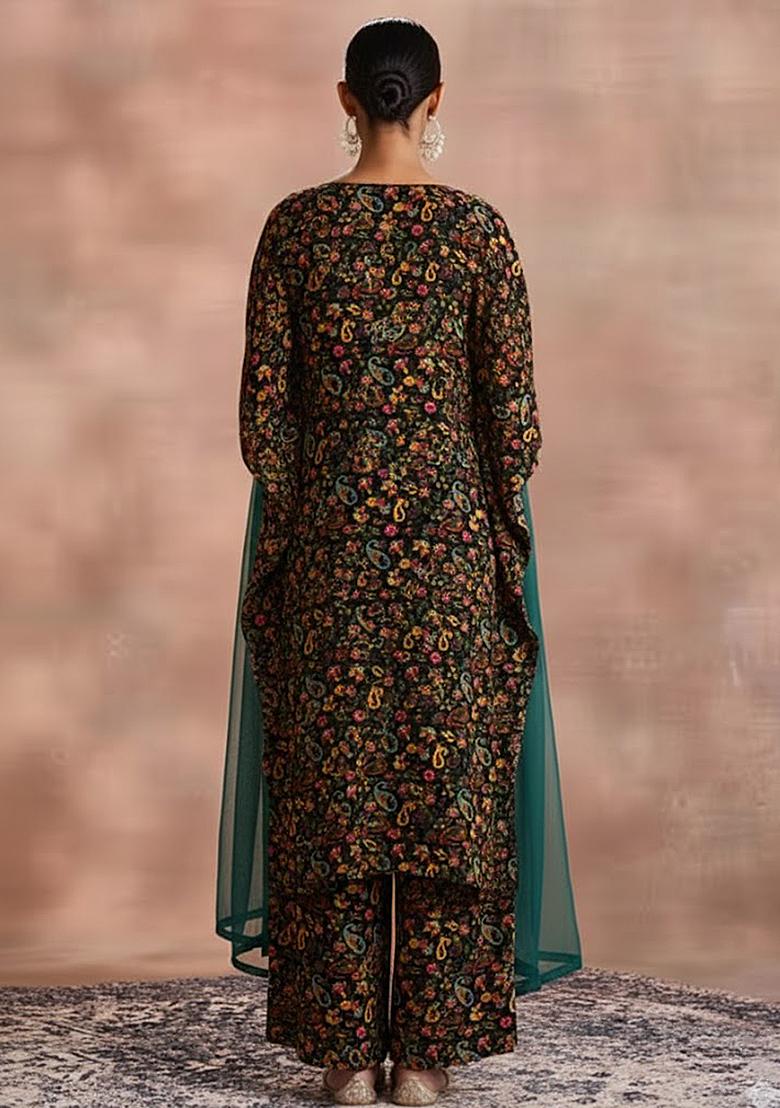 Black Floral Print Velvet Kurta Set - Indya