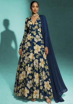Navy Blue Floral Print Crepe Anarkali With Dupatta