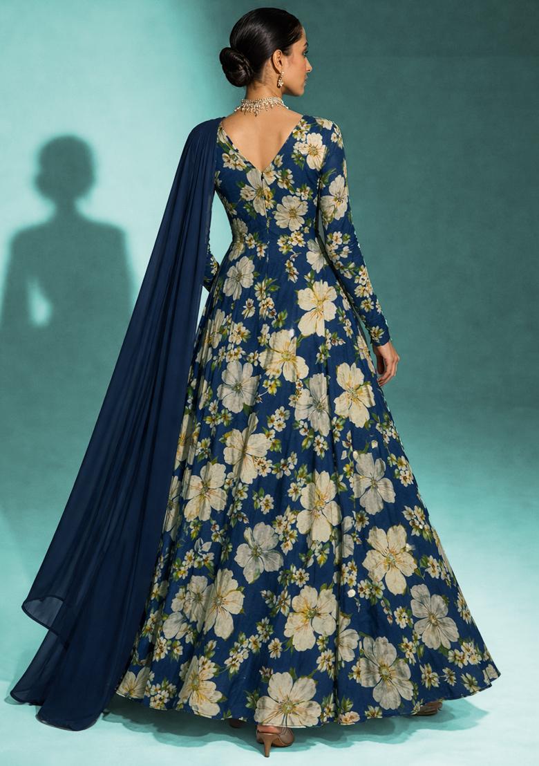 Navy Blue Floral Print Crepe Anarkali With Dupatta - Indya