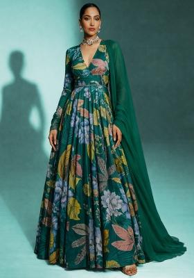 Emerald Green Floral Print Crepe Anarkali With Dupatta
