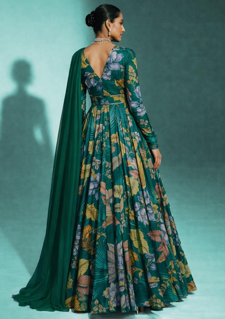 Emerald Green Floral Print Crepe Anarkali With Dupatta - Indya