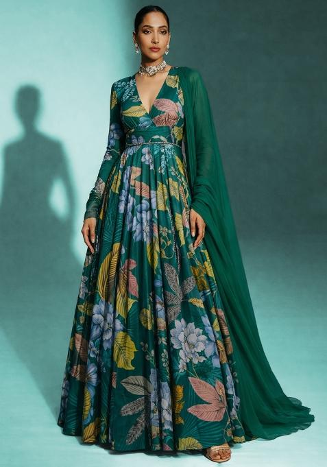 Emerald Green Floral Print Crepe Anarkali With Dupatta
