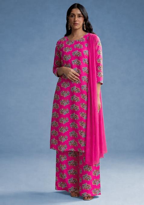 Rani Pink Floral Print Poplin Straight Kurta Set — view on Indya