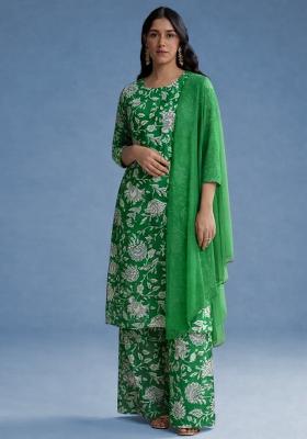 Bottle Green Floral Print Poplin Kurta Set