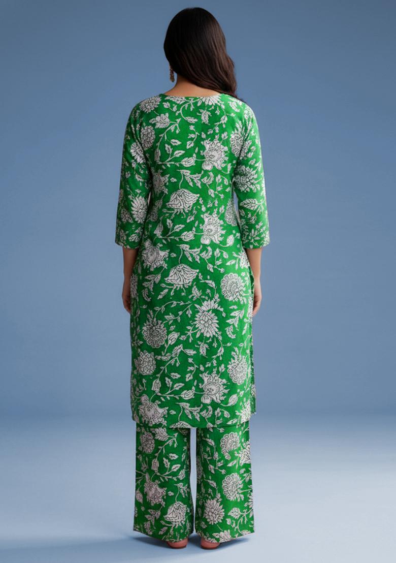 Bottle Green Floral Print Poplin Kurta Set - Indya