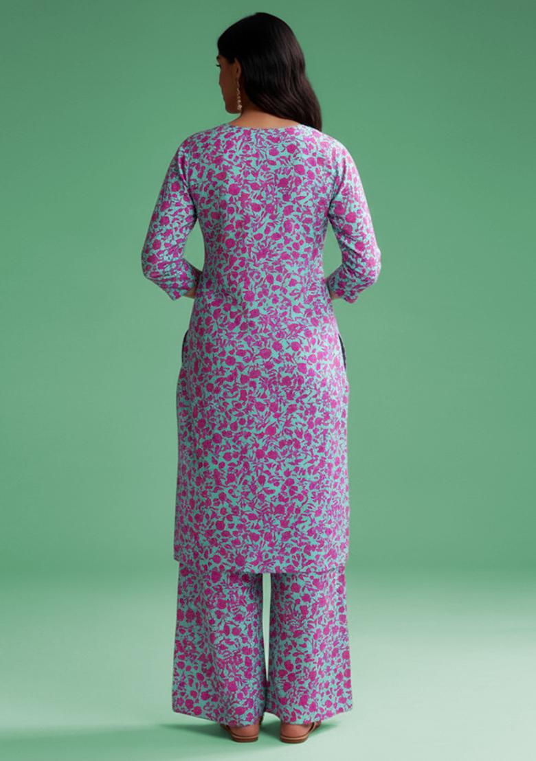 Aqua Blue Floral Print Poplin Kurta Set - Indya