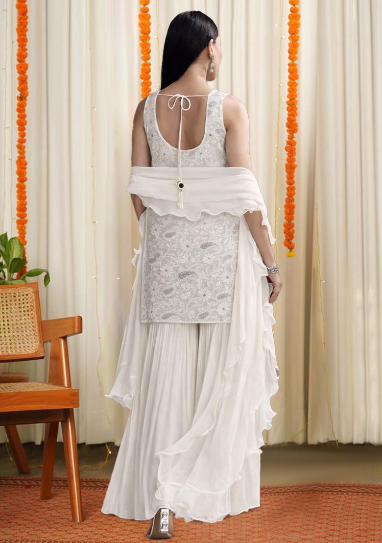 White Embroidered Chanderi Sharara Set - Indya