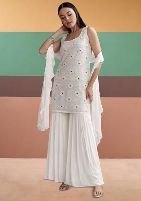 White Embroidered Chanderi Sharara Set