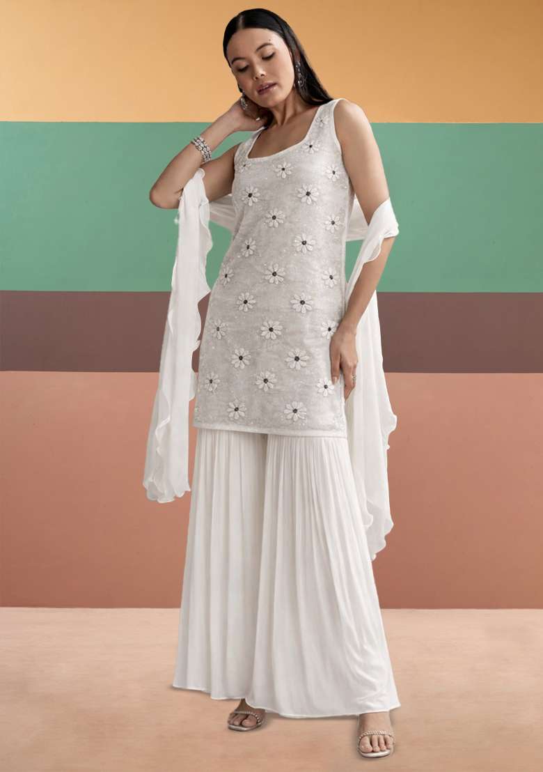 White Embroidered Chanderi Sharara Set - Indya