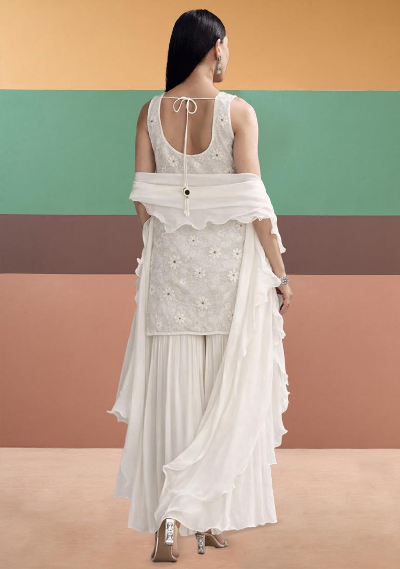 White Embroidered Chanderi Sharara Set - Indya