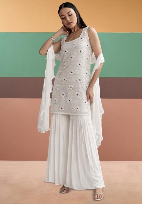 White Embroidered Chanderi Sharara Set