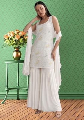 White Embroidered Chanderi Sharara Set