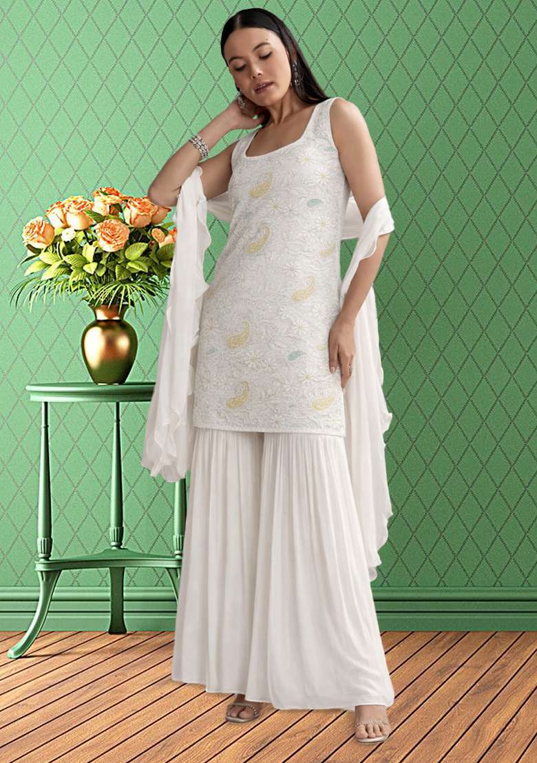 White Embroidered Chanderi Sharara Set - Indya