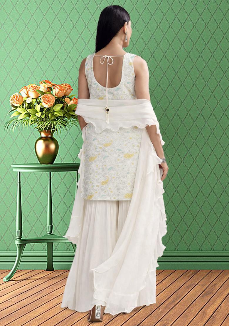White Embroidered Chanderi Sharara Set - Indya