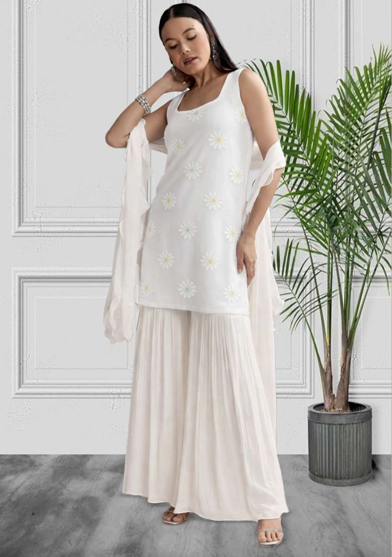 White Embroidered Chanderi Sharara Set - Indya