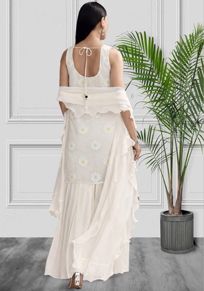 White Embroidered Chanderi Sharara Set - Indya