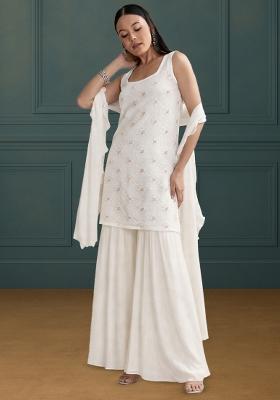 White Embroidered Chanderi Sharara Set
