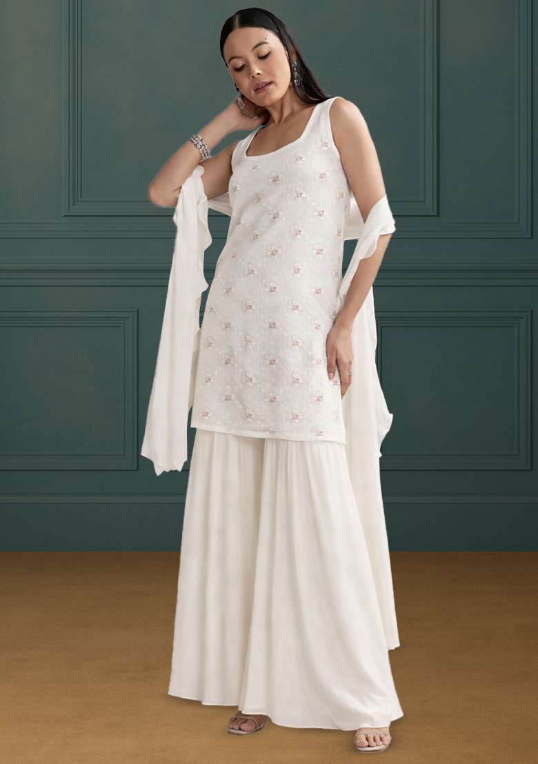 White Embroidered Chanderi Sharara Set - Indya
