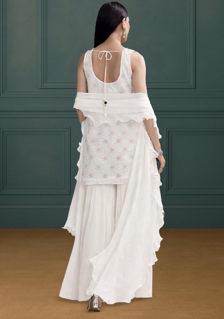 White Embroidered Chanderi Sharara Set - Indya