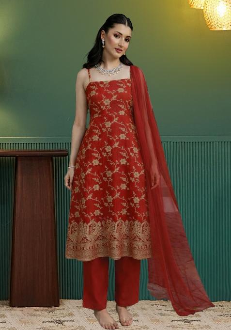 Red Embroidered Tissue Straight Kurta Set