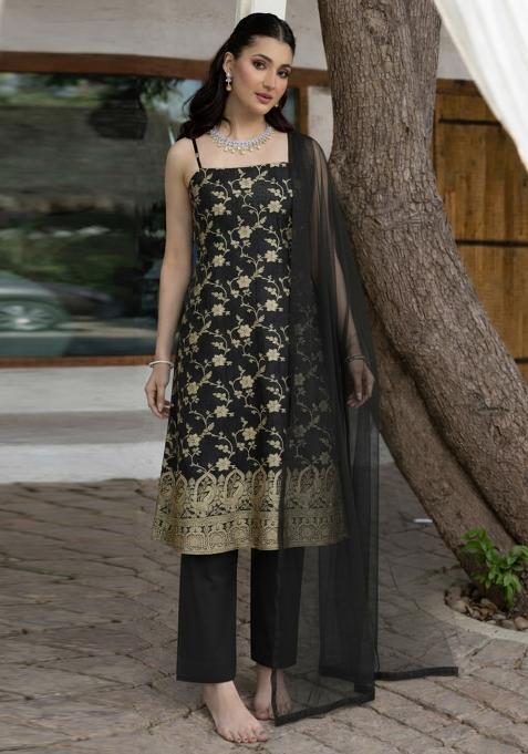 Black Embroidered Tissue Pakistani Suit Set — view on Indya