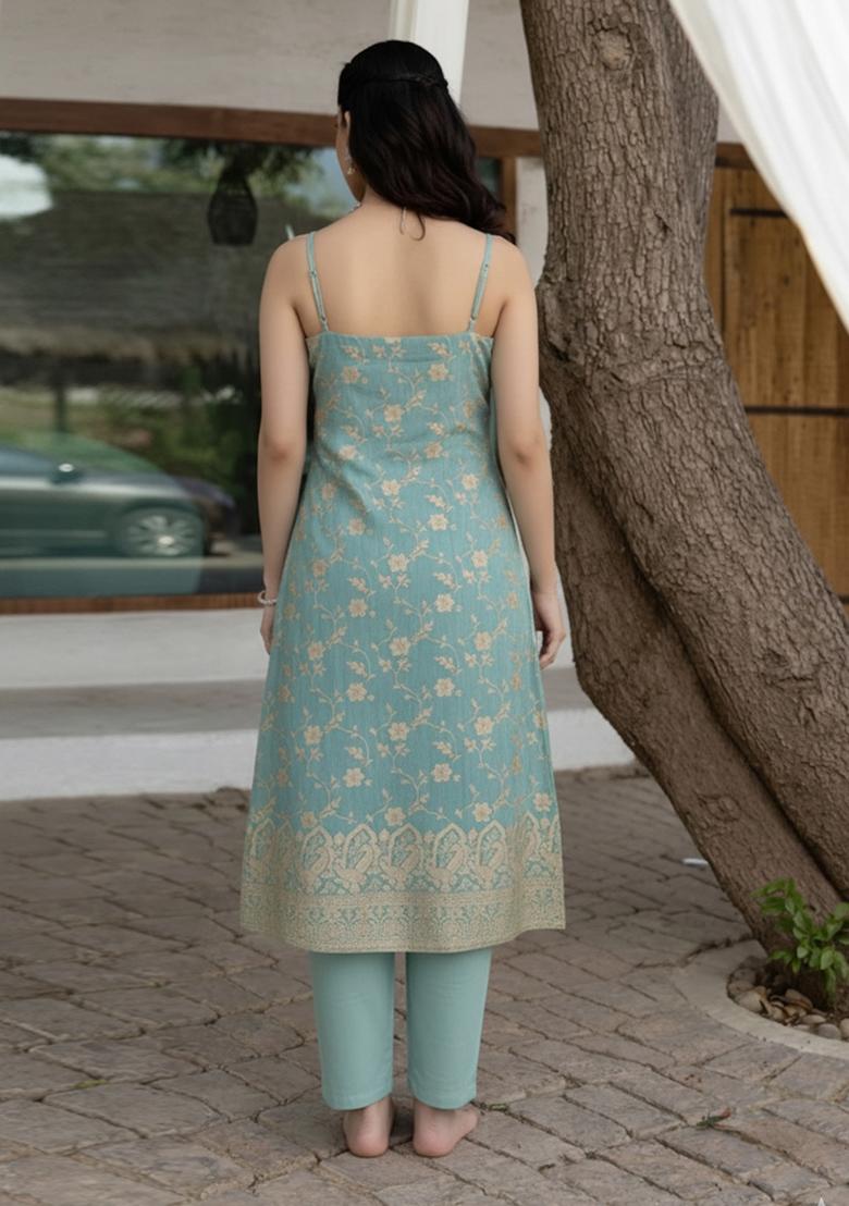 Sky Blue Zari Tissue Kurta Set - Indya