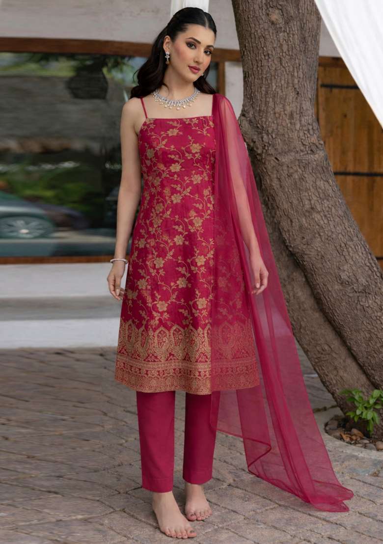 Rani Pink Embroidered Tissue Pakistani Suit Set - Indya
