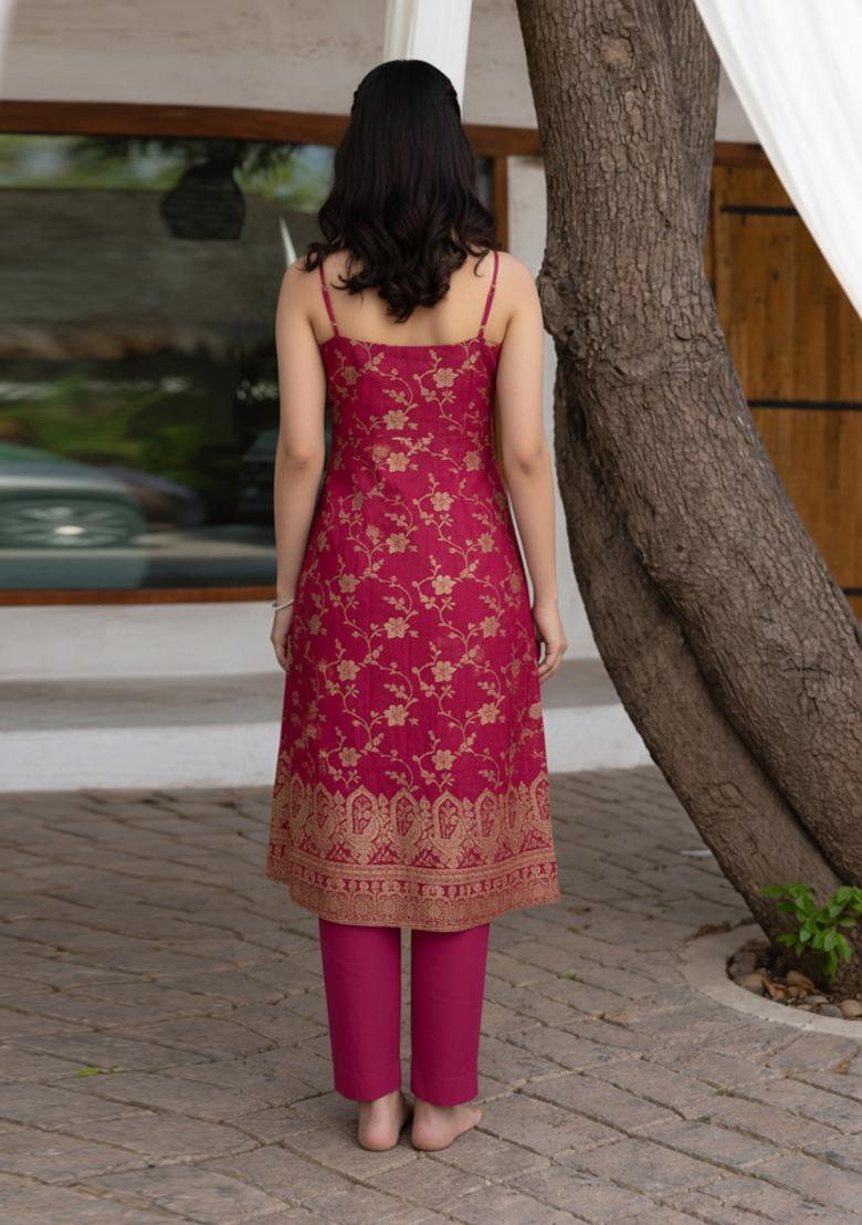 Rani Pink Zari Tissue Kurta Set - Indya