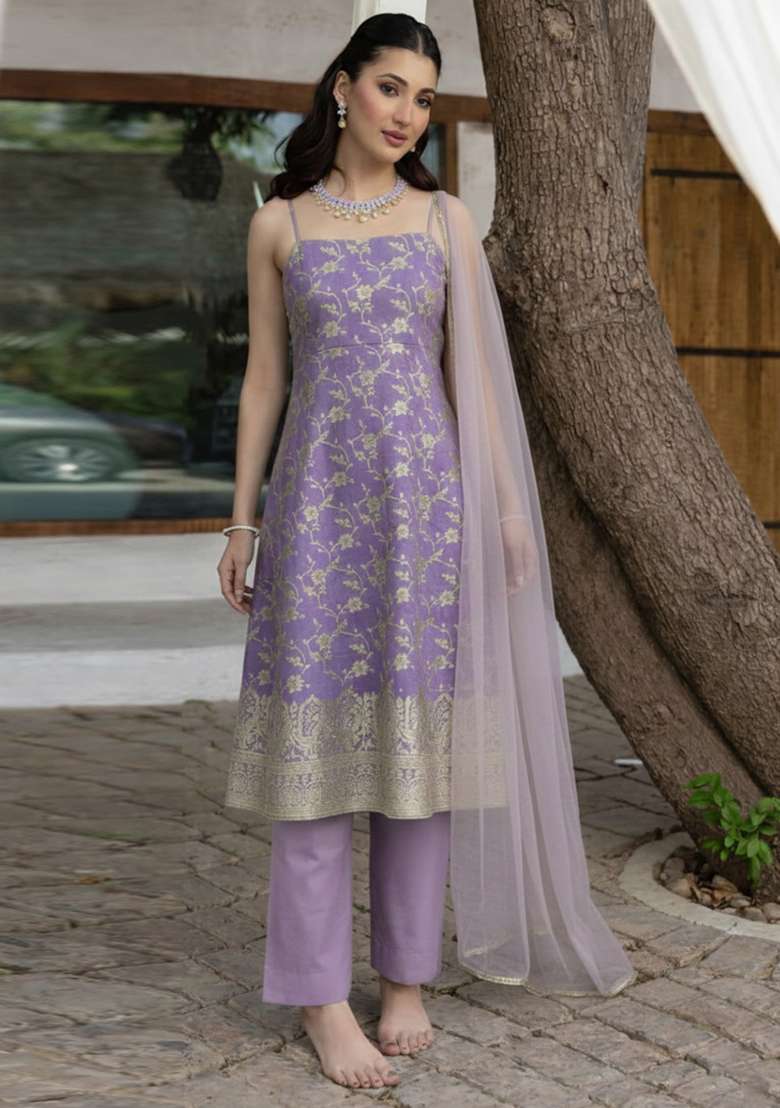 Lavender Embroidered Tissue Pakistani Suit Set - Indya