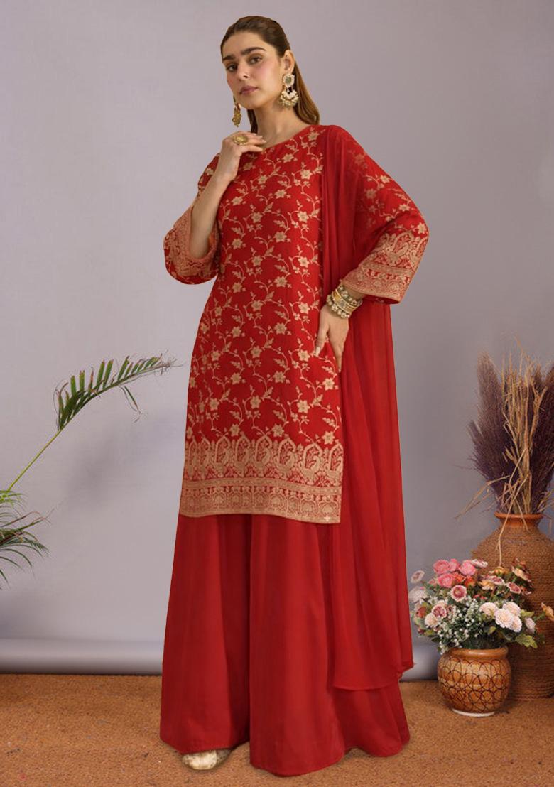 Red Zari Tissue Sharara Set - Indya