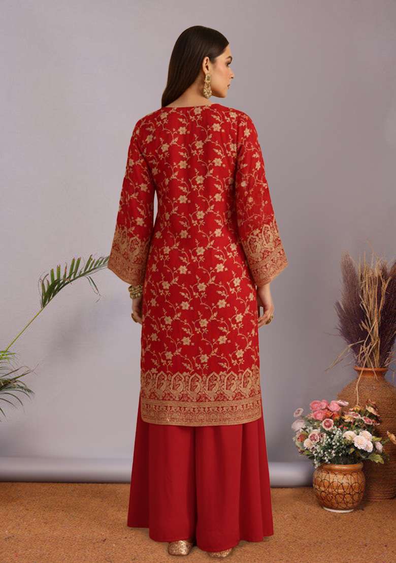 Red Zari Tissue Sharara Set - Indya
