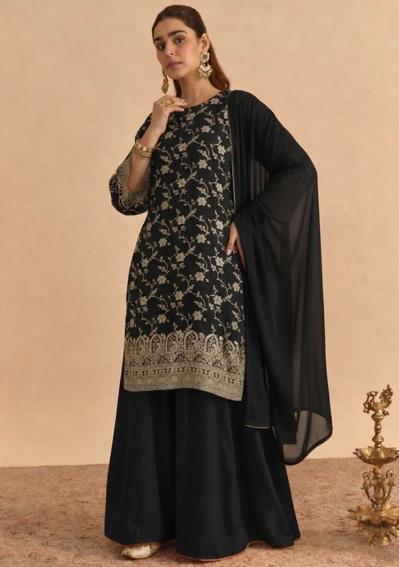 Black Zari Tissue Sharara Set - Indya