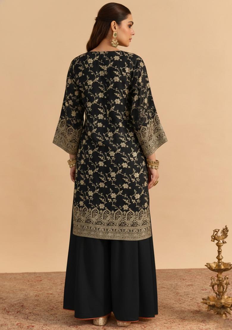 Black Zari Tissue Sharara Set - Indya