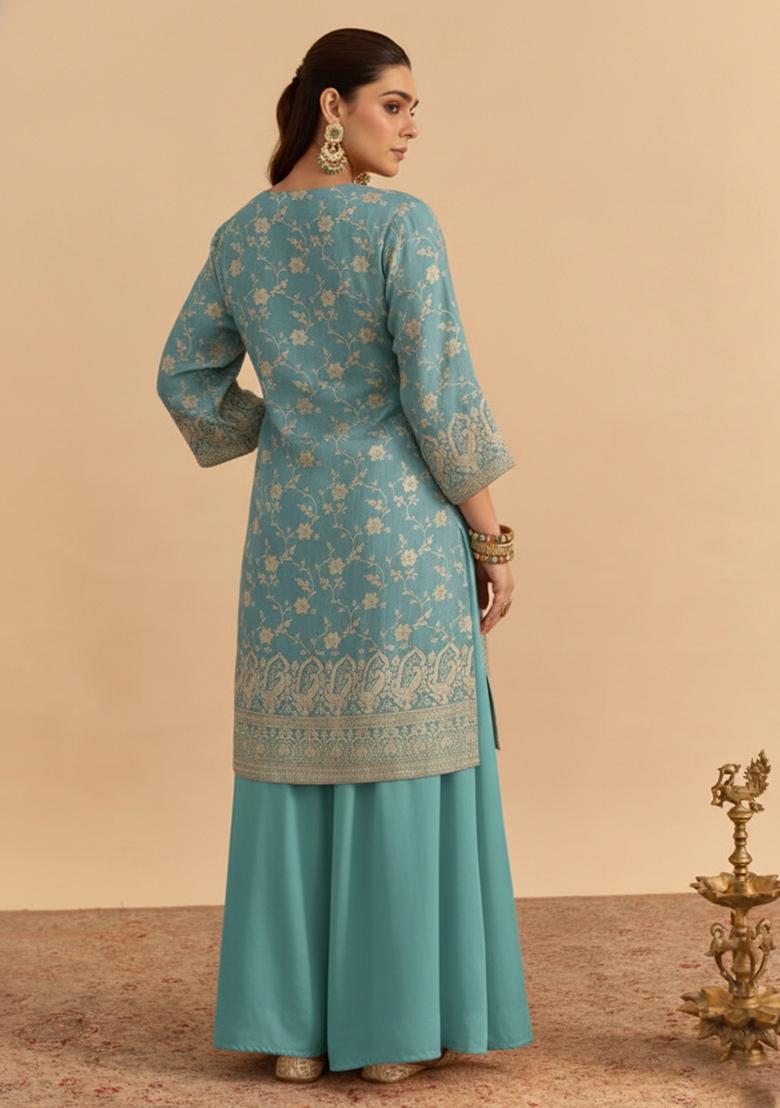 Sky Blue Zari Tissue Sharara Set - Indya