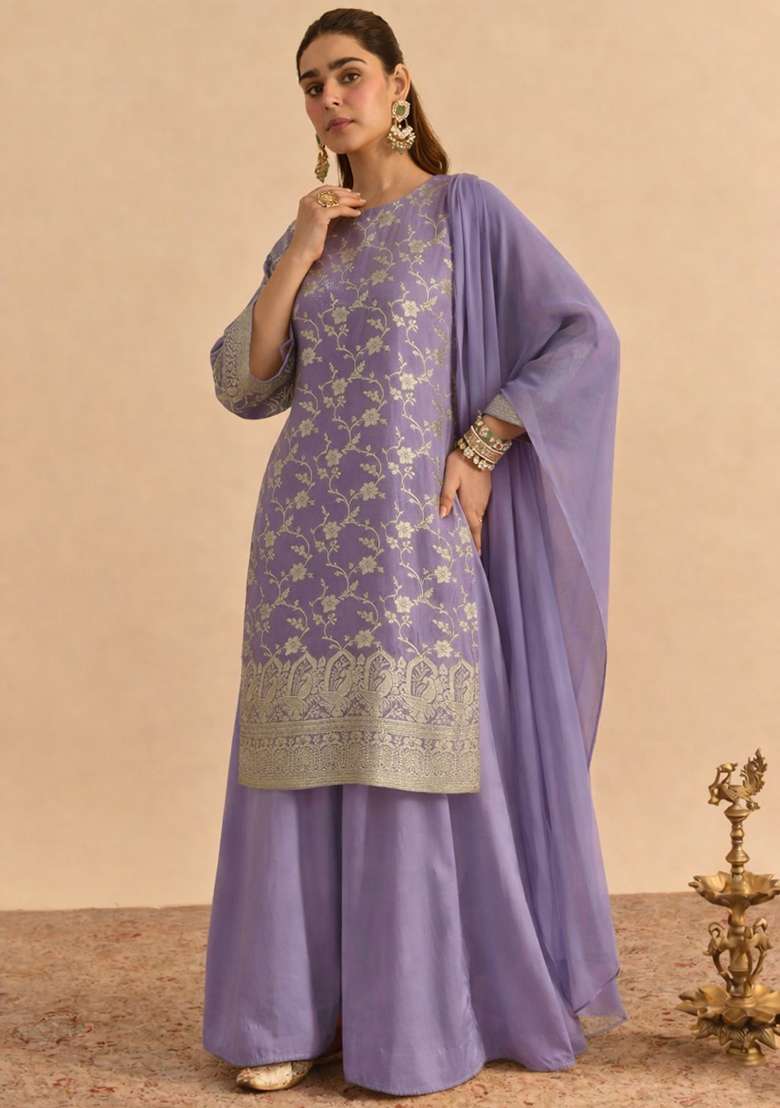 Lavender Zari Tissue Sharara Set - Indya