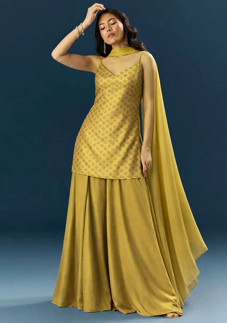 Mustard Gold Brocade Sharara Set - Indya