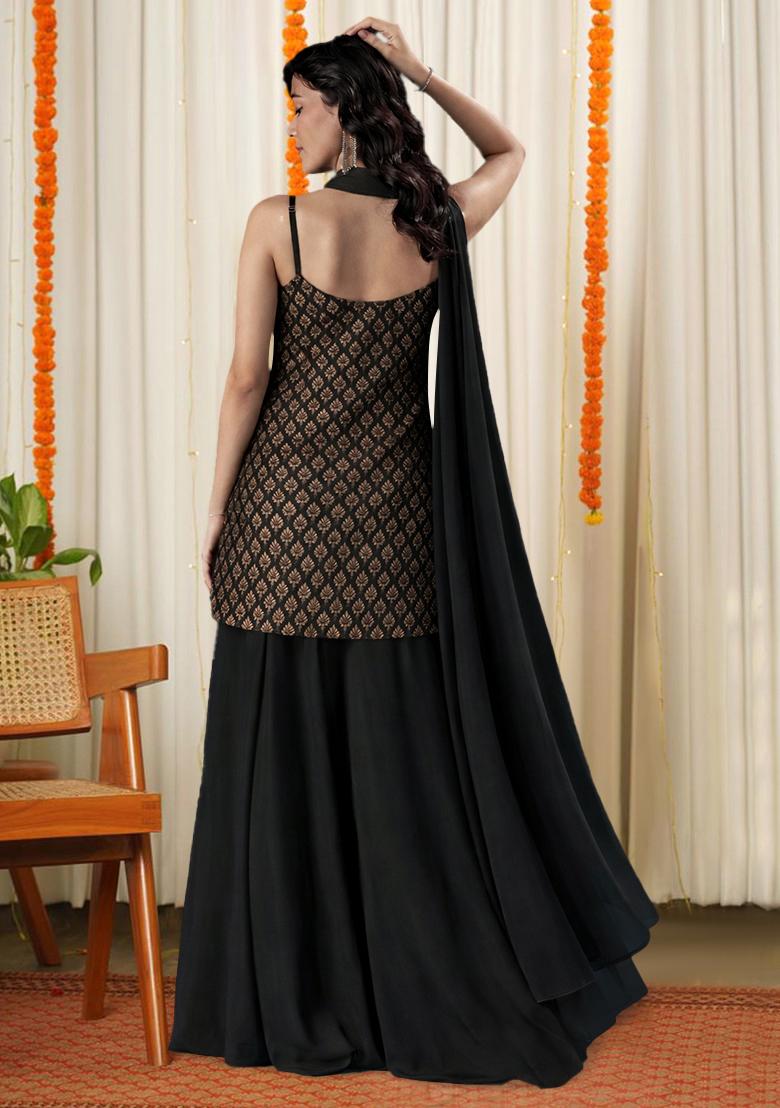 Black Brocade Sharara Set - Indya