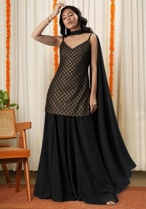 Black Brocade Sharara Set