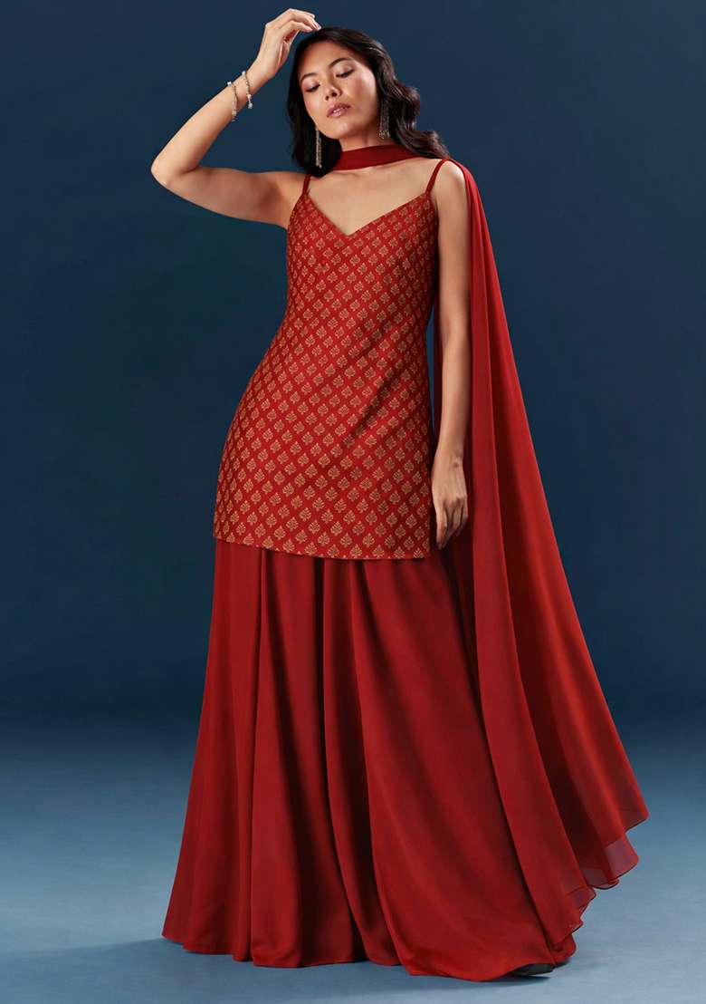 Red Brocade Sharara Set - Indya